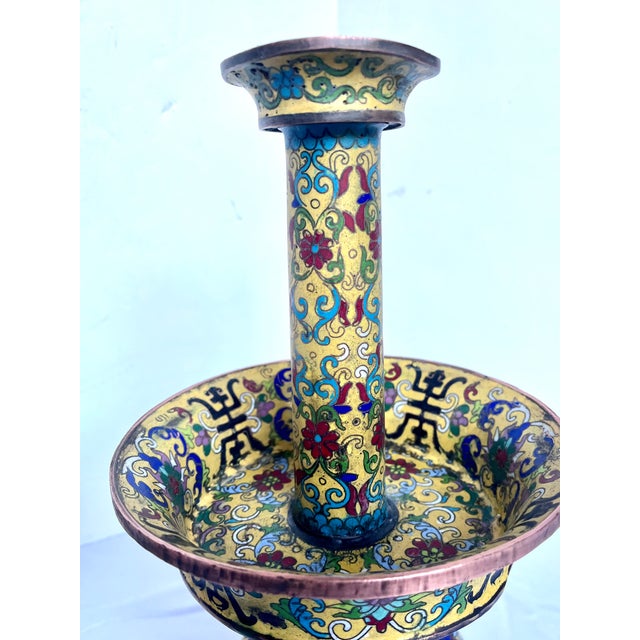 19th Century Chinese Imperial Yellow Cloisonné Enamel Pricket Candle Holders - A Pair For Sale - Image 12 of 18