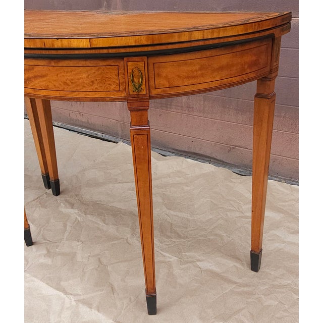 Wood Late 18th Century Pair of George III Floral Wreath Painted Crossbanded Satinwood Demilune Card Tables For Sale - Image 7 of 18