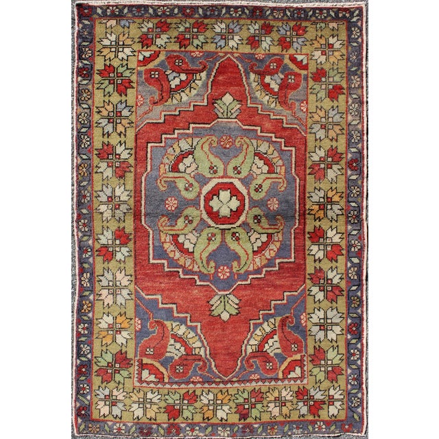 Textile Vintage Turkish Oushak Rug in Red, Blue, and Green With Decorative Medallion For Sale - Image 7 of 7