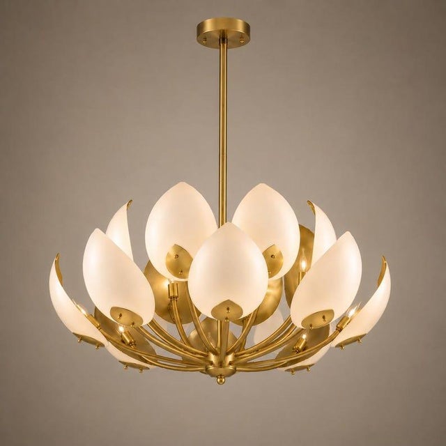 Create a stunning focal point with this Luxury Lotus Petal Brass Chandelier, beautifully crafted with layered white petal...
