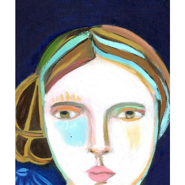Girl With Blue Flower, Contemporary Abstract Portrait Oil Painting, Signed For Sale - Image 4 of 6