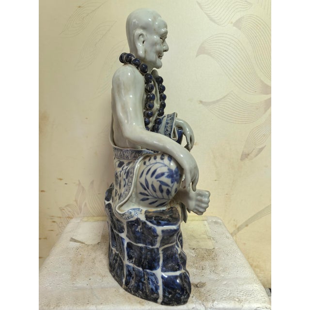 Early 20th Century Chinese Vintage Ceramic Buddhist Sculpture,Hand Carved Blue and White Porcelain the Eighteen Arhats Statue For Sale - Image 5 of 10