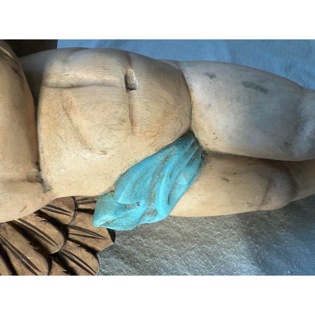 Tan 19th Century Large Polychrome Italian Wooden Carved Putto Angel For Sale - Image 8 of 14