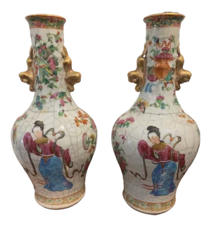 19th Century Chinese Famille Rose and Gilt Decorated Crackle Glaze Jars - a Pair