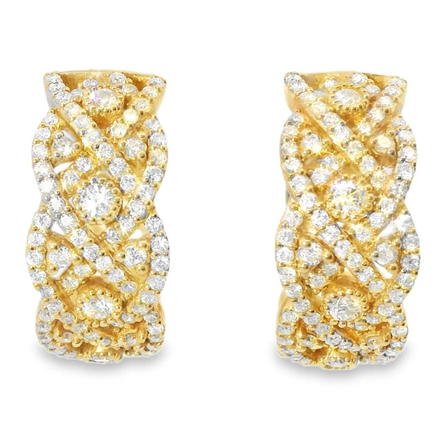 Elegant 14K rose pink gold woven hoop earrings featuring 184 round diamonds totaling 1 carat. The intricate woven design...