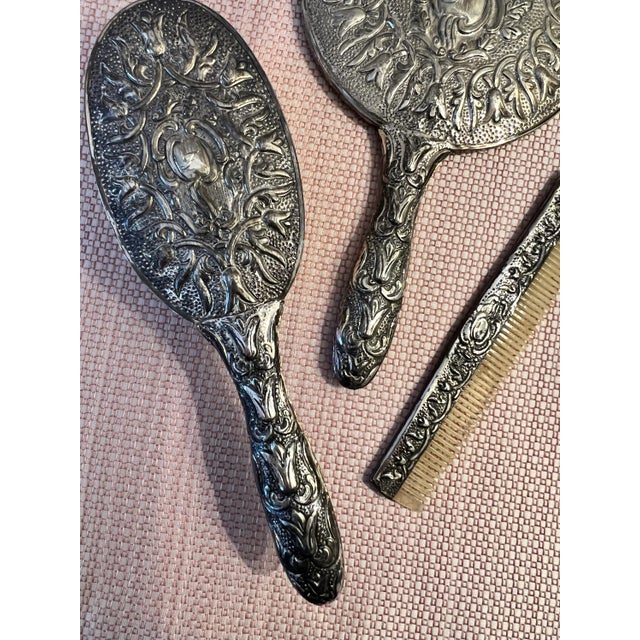 Vintage Silver-Plate Vanity Set With Comb, Brush and Mirror - 3 Piece Set For Sale In Los Angeles - Image 6 of 13