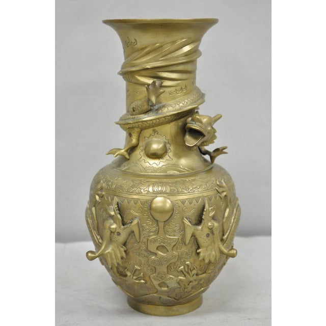 Metal Vintage Japanese Dragon Relief Bronze Chinese 10" Oriental Flower Vase - A Pair For Sale - Image 7 of 14