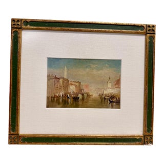 Vintage Italian Venice Canal Painting in Decorative Green and Gilt Frame, Acquired in Bellagio For Sale