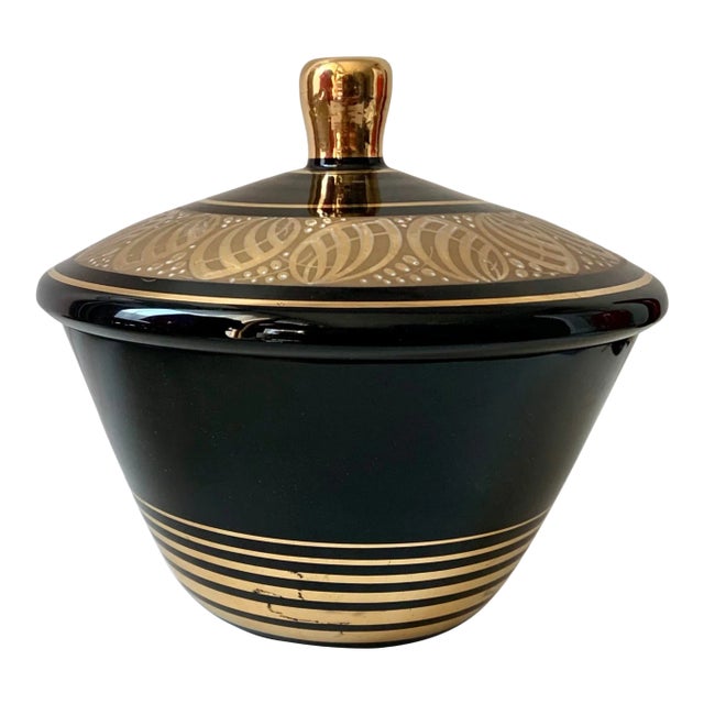 Vintage Art Deco Black Glass Covered Dish With Gold Encrastation For Sale