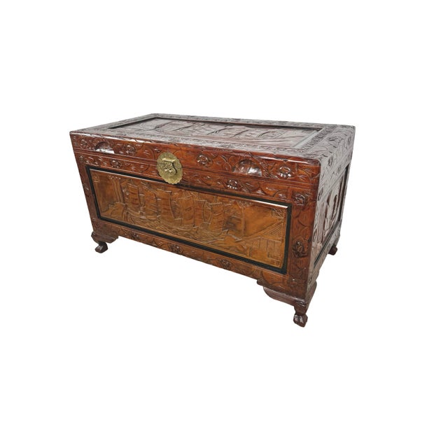 Vintage Asian Carved Wood Storage Chest With Figural Relief Panels For Sale - Image 4 of 18