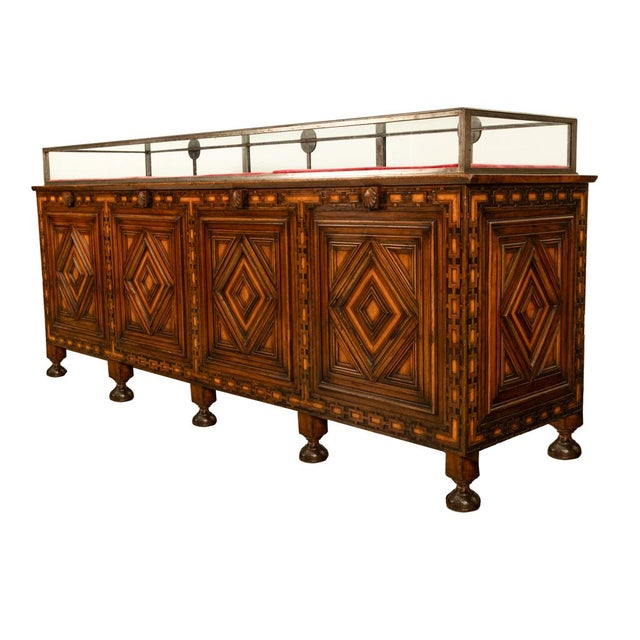 Antique Art Deco Jewelry Store Display Case Counter Walnut Bronze Glass 1920 For Sale - Image 9 of 18