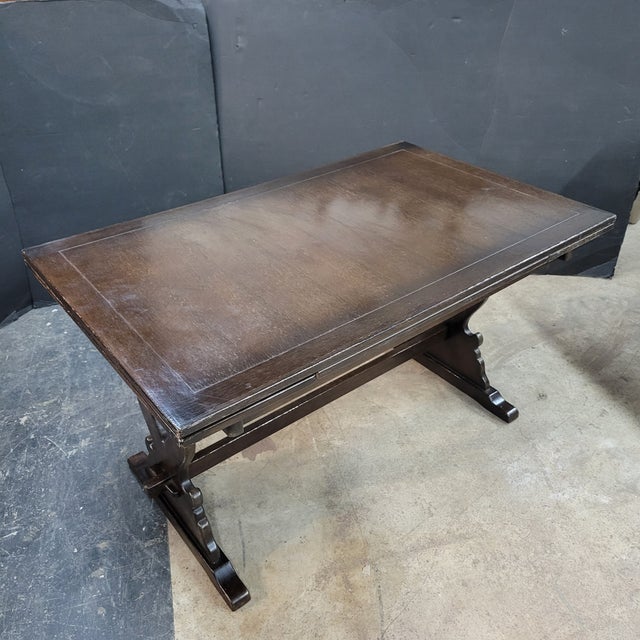 Mid 20th Century English Oak Trestle Base Drawerleaf Dining Table For Sale In Atlanta - Image 6 of 9