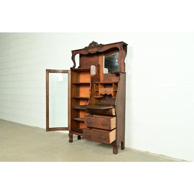 Early Baker Furniture Antique Victorian Carved Tiger Oak Side-by-Side Bookcase With Drop Front Secretary Desk, Circa 1900 For Sale In South Bend - Image 6 of 17