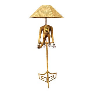 Mario Lopez Torres Tall Wicker Palm Beach Regency Monkey Greek Key Base Floor Lamp For Sale
