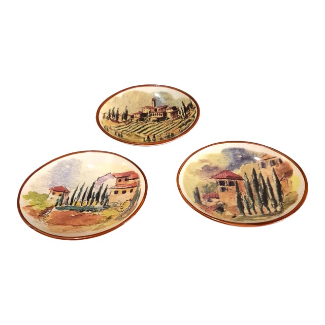 Late 20th Century Three Tuscan Scene Painted "Villa/Landscape" Williams Sonoma Dipping Oval Bowls For Sale