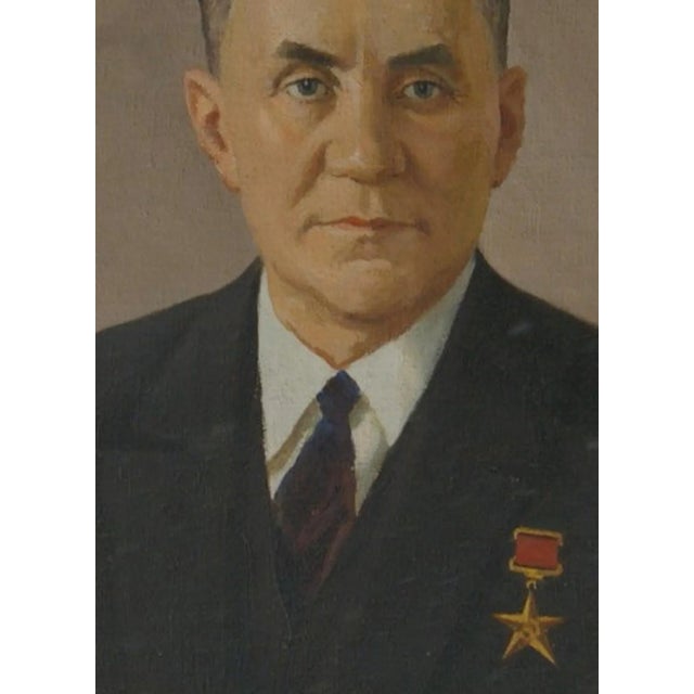 Portrait Politician Large Male Portrait Antique Oil Painting Original Socialist Realism Soviet Art Ukrainian Artist Unknown 80-59 For Sale - Image 4 of 6