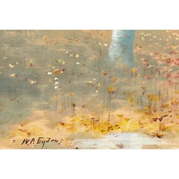 A delicately painted gouache showing a view of a stream flowing through a meadow beneath silver birches, set against a...