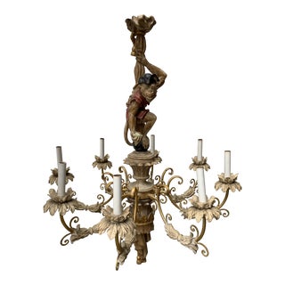 Vintage Wood Carved Monkey Eight Arm Chandelier For Sale