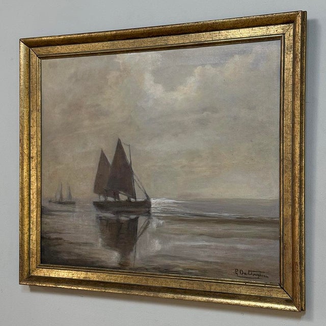 Nautical Antique Framed Nautical Oil Painting on Panel ~ Signed For Sale - Image 3 of 15