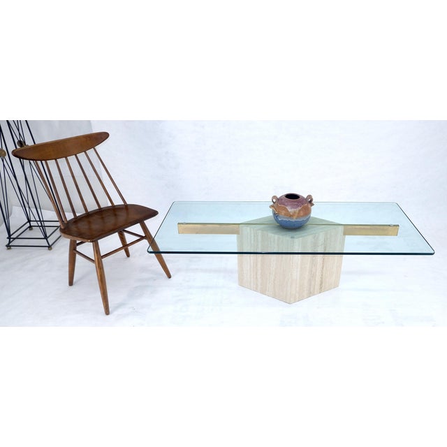 Italian Travertine Single Pedestal Diamond Shape Base Glass Top Coffee Table