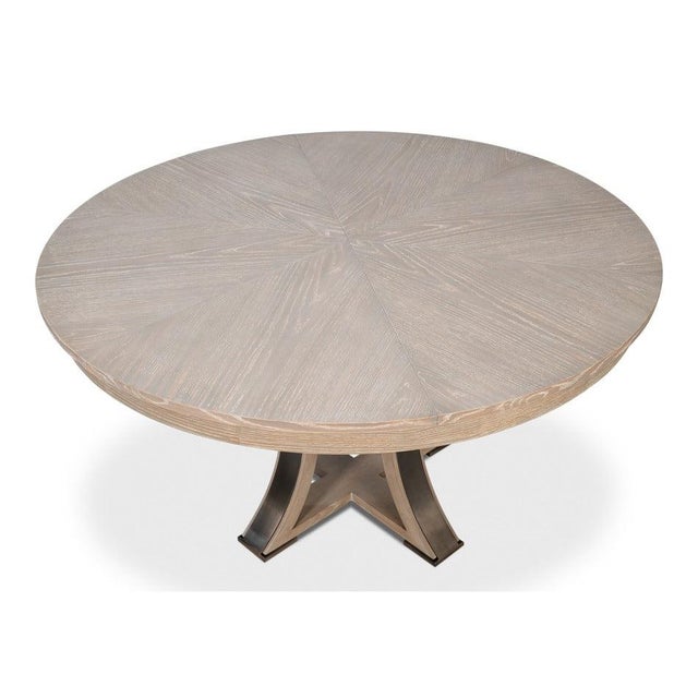 Gray Transitional Round Dining Table, Medium - Grey Oak With Hammered Iron Accents For Sale - Image 8 of 11