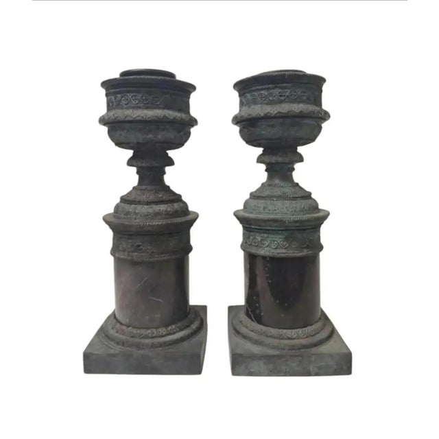 Vintage Maitland - Smith Bronze and Marble Hurricane Candle Holder ~ a Pair For Sale - Image 9 of 12