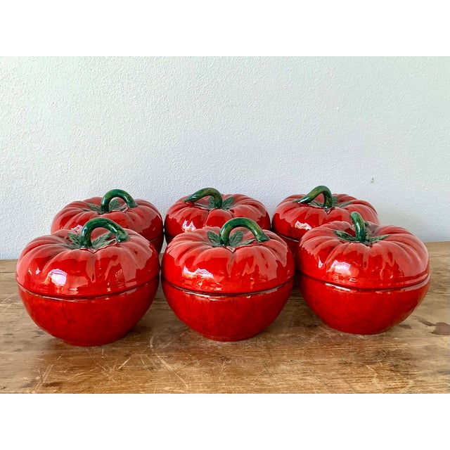 Red Vintage 1960s Italian Glazed Ceramic Tomato Lidded Bowls - Set of 6 For Sale - Image 8 of 11