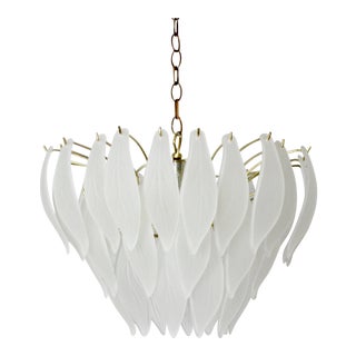 Vintage Hollywood Regency Art Deco Italian Glass Leaves Gold Chandelier For Sale