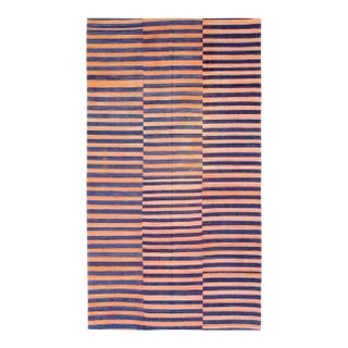 Galerie Shabab Mid-20th Century Abstract Turkish Handmade Striped Flat-Weave in Persimmon Coral, Blue For Sale