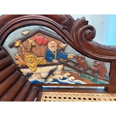 Settee With Noah's Ark Hand-Carved Theme Victorian / Jacobean revival style "cottage artist" Wood frame and back with cane...