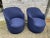 Great pair of navy wool/cashmere swivel base armchairs.... newly reupholstered.... attributed to Milo Baughman.... they...