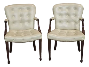 Late 20th Century Pair of Hickory Chair Mahogany Open-Arm Tufted Leather Armchairs
