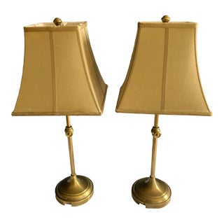 1990's Adjustable Brass Table Lamps With Silk Shades, a Pair For Sale