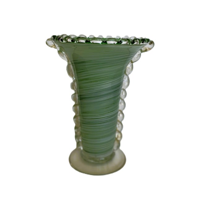 Green Vintage Murano Green Swirl Hand-Blown Glass Vase With Clear Rigaree Beading, Italy, C. 1980s For Sale - Image 8 of 14