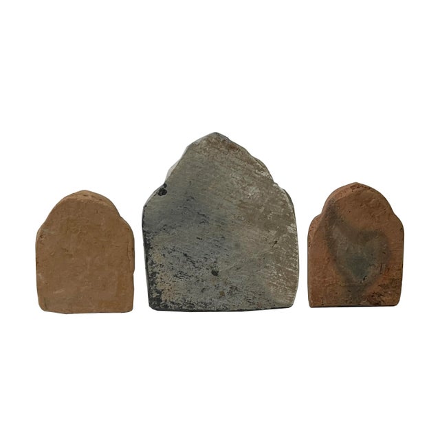 Set of 3 Small Chinese Oriental Clay Buddhas Theme Plaque Display For Sale - Image 4 of 7