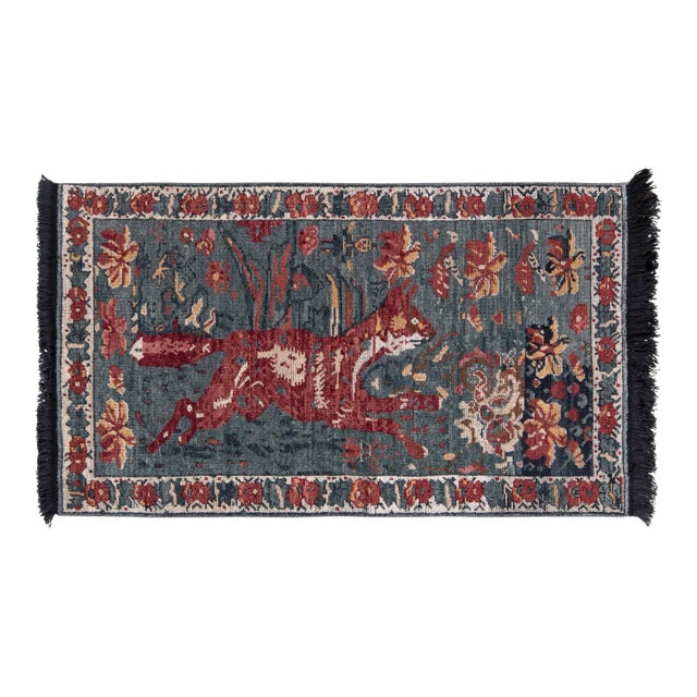 Handknotted Jumping Fox Rug, 4'x6' For Sale