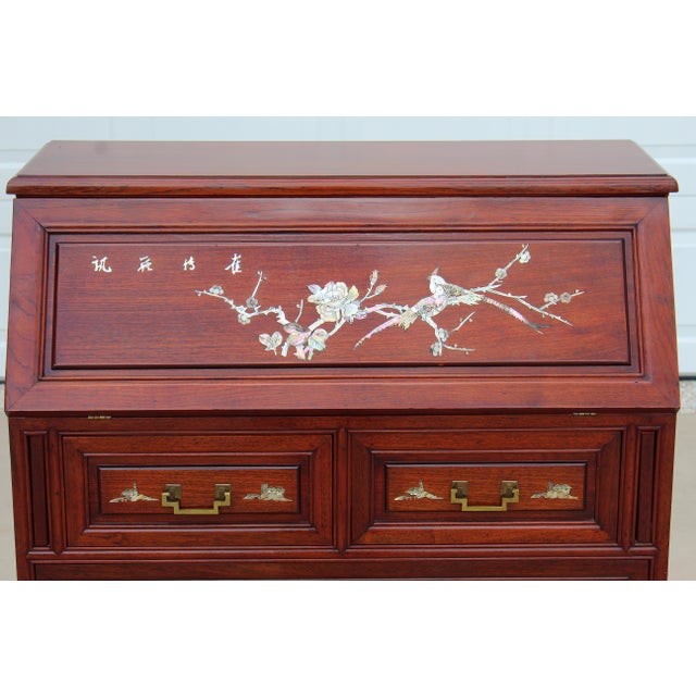Asian Rosewood Secretary Desk With Mother-of-Pearl Inlay, Bird & Blossom Motif, Slant Front Writing Desk For Sale In Naples, FL - Image 6 of 18
