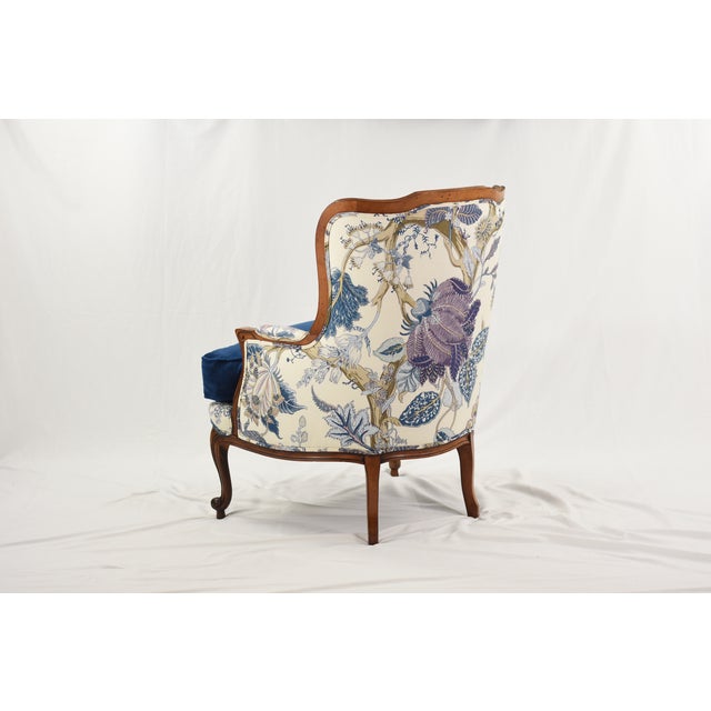 Newly upholstered in authentic Schumacher linen and indigo velvet Ethan Allen Camille accent chair. Second matching chair...