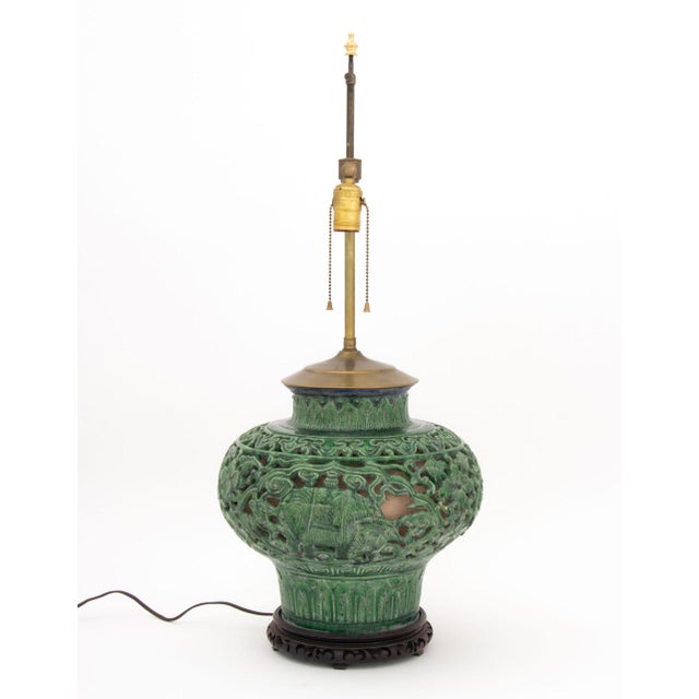 Jade Chinese Spinach Jade Green Glazed Ceramic Pierced Vase Mounted as a Table Lamp For Sale - Image 8 of 9