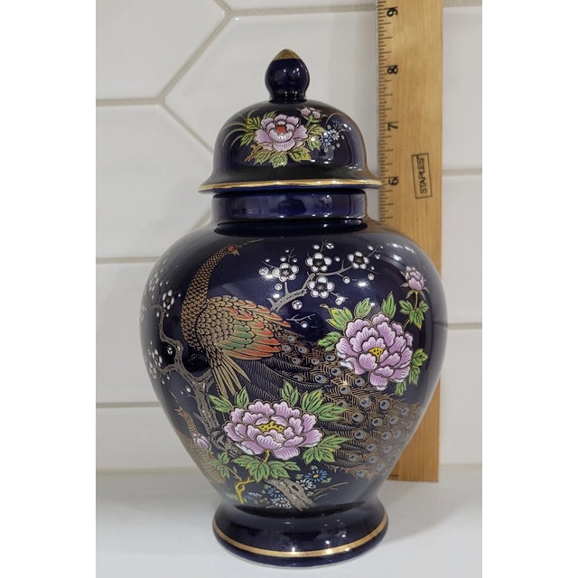Vintage Japanese Cobalt Blue Peacock Floral Gold Trim Ginger Jar For Sale - Image 4 of 8