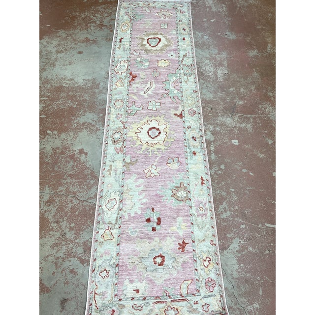 Tribal Turkish Oushak Pink Wool Runner 2’9” X 11’8” For Sale - Image 3 of 6