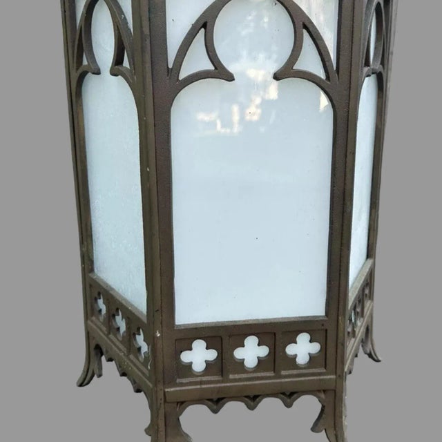 Mid 20th Century Vintage Cast Metal Gothic Hanging Light Fixture With Glass Panels For Sale - Image 5 of 12