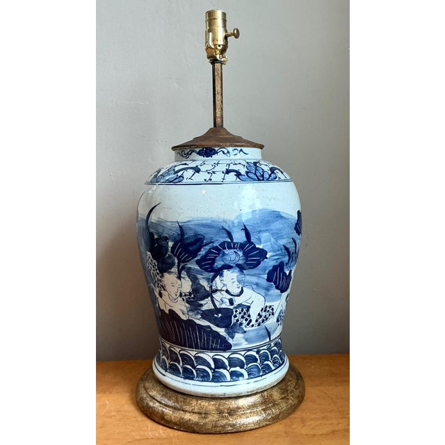 Antique Style Blue Ceramic Lamp With Wooden Base For Sale In West Palm - Image 6 of 17