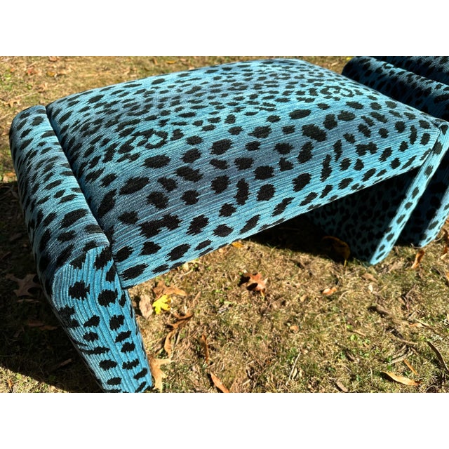 1980s Vintage Leopard Waterfall Stools Reupholstered With Blue Leopard by Lillian August for Hickory White Fabric - Set of 2 For Sale - Image 12 of 12