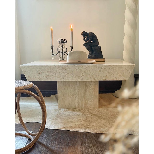 Vintage Italian Reverse Beveled Square Travertine Coffee Table. A great, chunky, reverse-bevel, square travertine coffee...