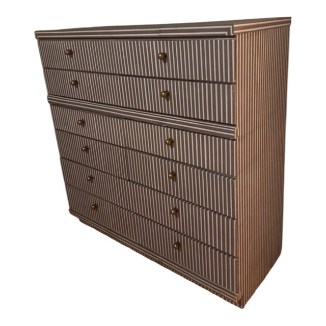 Anthropologie Taupe & Cream Striped 10-Drawer Chest With Brass-Tone Knobs For Sale - Image 4 of 6