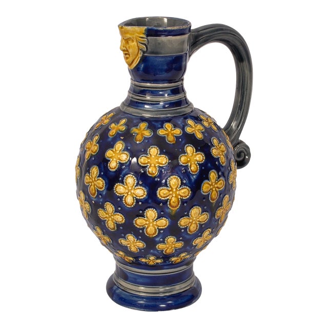 Antique English Minton Majolica Pottery Blue Pottery Beer Jug Pitcher 1870 For Sale