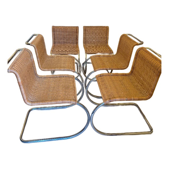 Attributed to Mies Van Der Rohe Chairs - 1970's Cantilevered Caned/Chrome Chairs For Sale