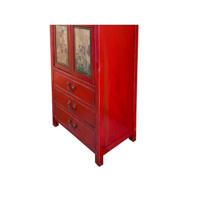 Wood Vintage Oriental Red Beige People Scenery Graphic Storage Cabinet For Sale - Image 7 of 14