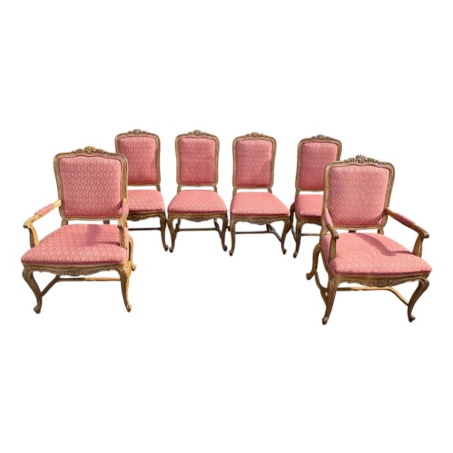 Vintage Drexel Heritage French Style Wood and Upholstered Dining Chairs- A Set of 6 For Sale